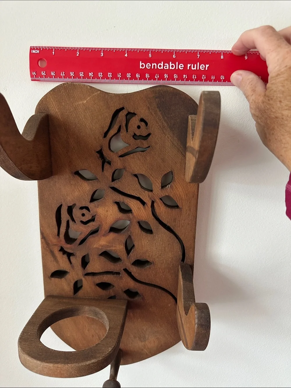 Wooden Wall Hook Shelf with Rose Cutout - Brown